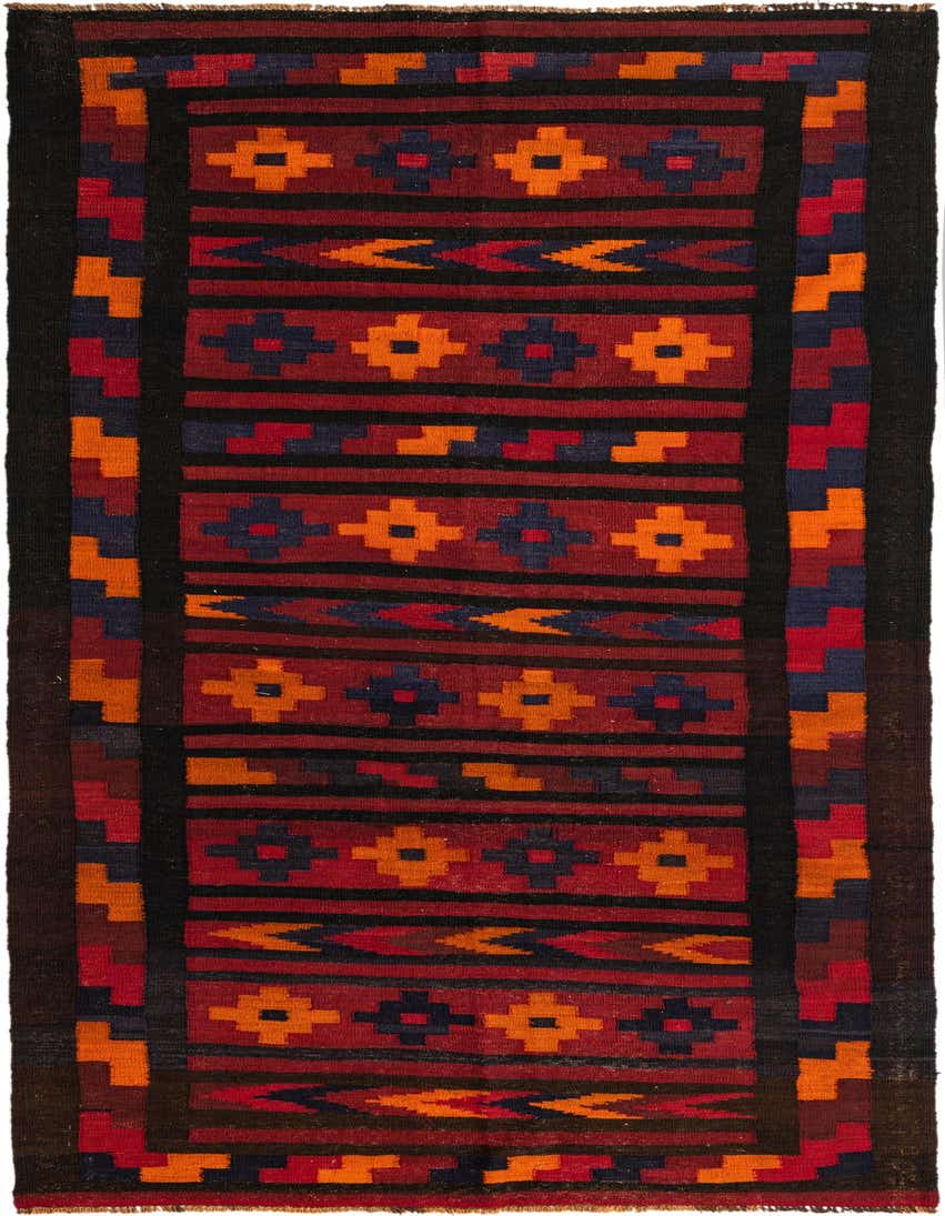 A 12 ft runner rug from the Kilim Fars collection, featuring a flatweave tribal pattern in rich reds, oranges, and blues, with a dark border.