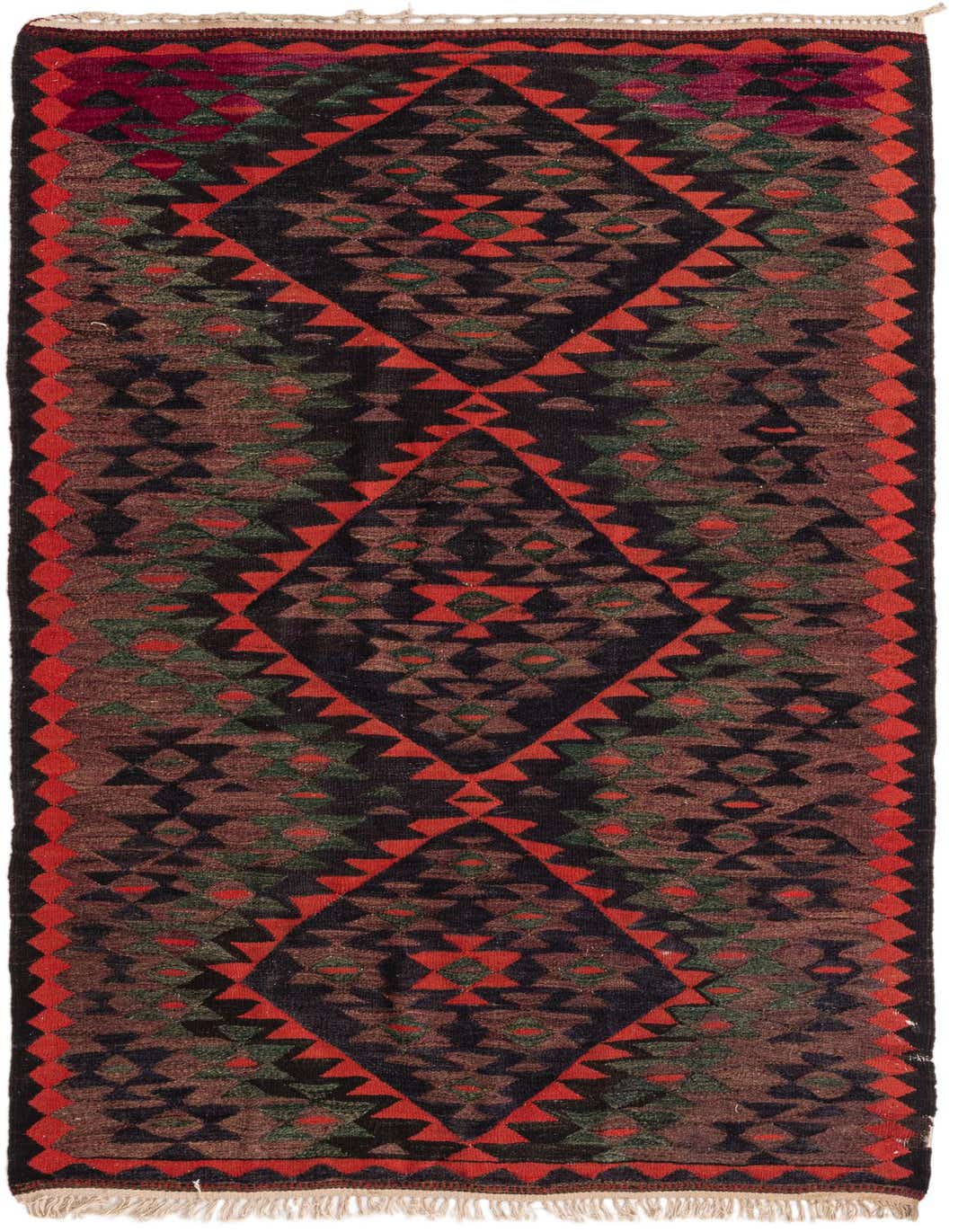 A handmade 8 ft Kilim Fars runner rug with a tribal pattern in shades of red, brown, and dark green, ideal for a hallway or kitchen.
