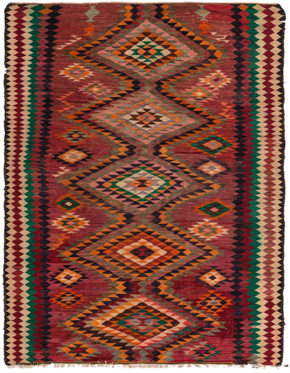 A 10 ft Kilim Fars runner rug in rich reds with a vibrant tribal geometric pattern, perfect for a hallway.