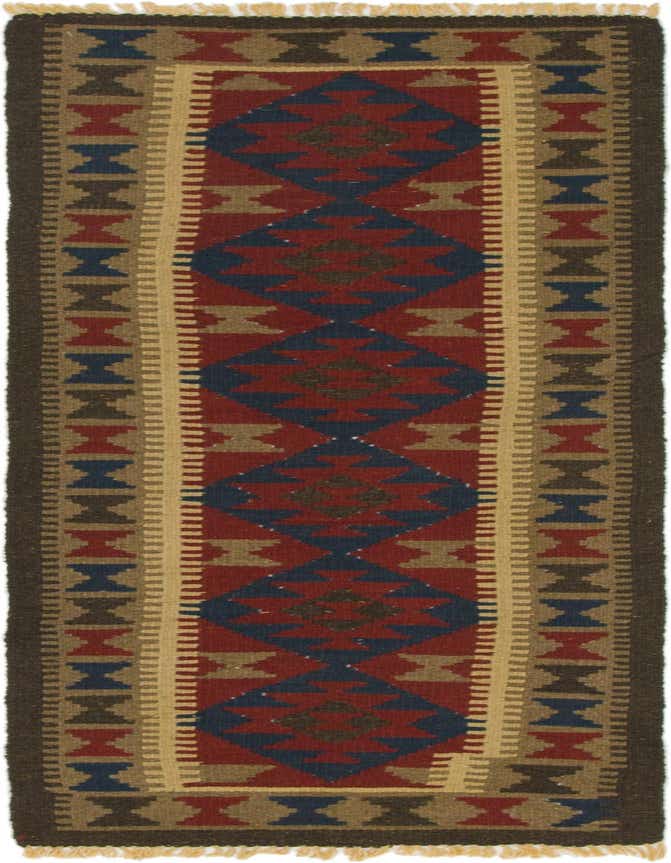A 6 ft Kilim Maymana runner rug featuring a Southwestern and Tribal pattern in deep reds, blues, and earthy tones.