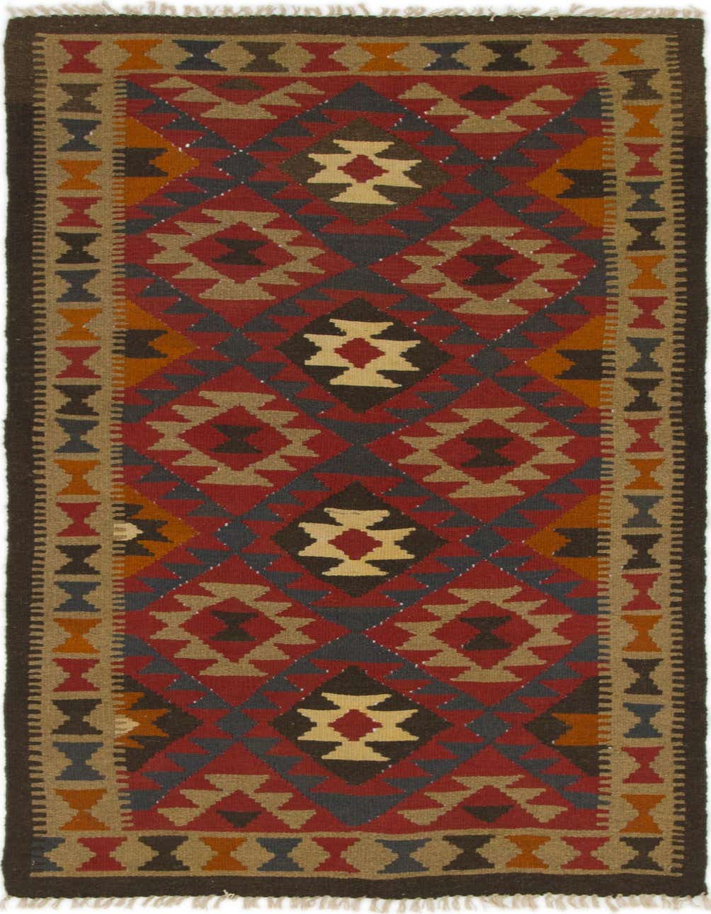 A 7 ft runner rug with a Southwestern tribal pattern in shades of red, brown, and tan, ideal for a hallway.