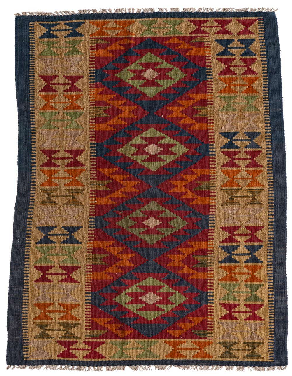 A 6 ft runner rug with a Southwestern tribal pattern in reds, blues, oranges, and greens, ideal for a hallway or kitchen.