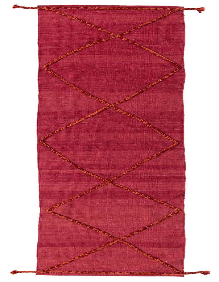 A 10 ft red wool runner rug with a flatweave texture and a braided tribal diamond pattern.