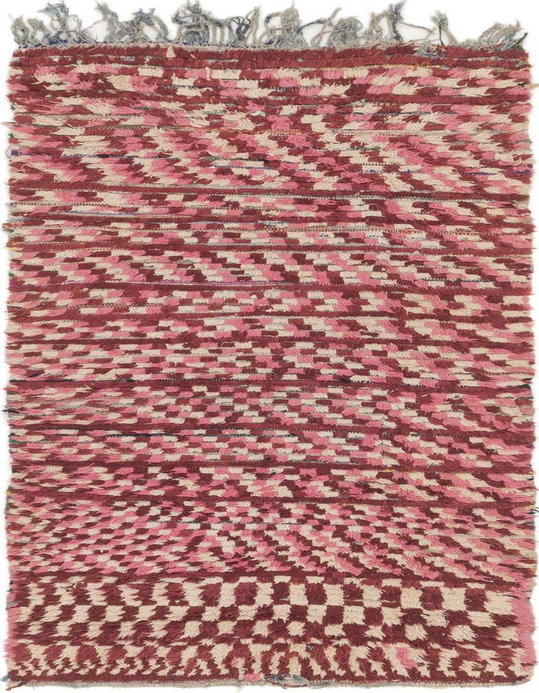 A handmade 8 ft Moroccan runner rug with a tribal stripe pattern in shades of red, pink, and cream, featuring a shag pile and fringe.
