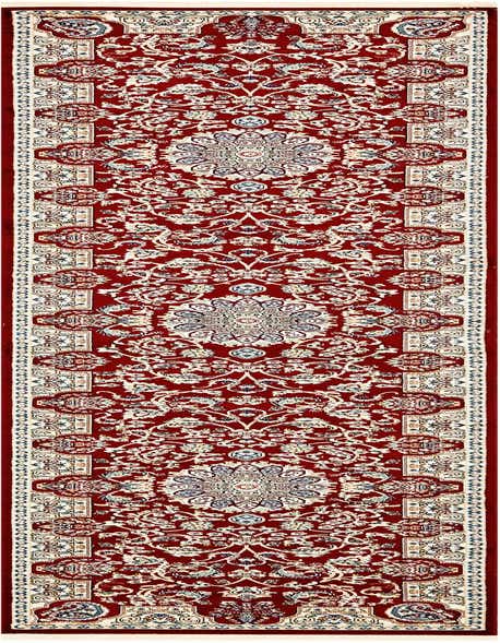 A 13 ft red runner rug with a traditional botanical medallion pattern and cream, blue, and gold accents, ideal for a hallway.
