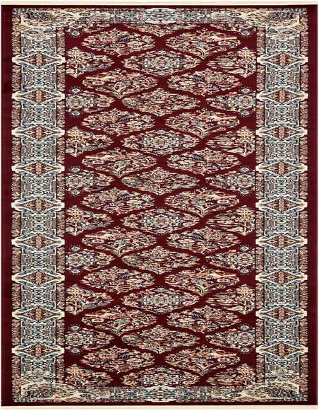 A 13 ft red runner rug with a traditional botanical and trellis pattern, featuring cream, blue, and brown accents.