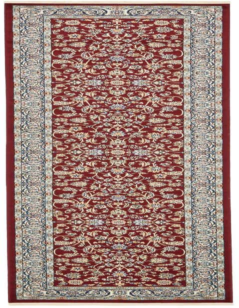 A 13 ft traditional runner rug in deep red with an intricate cream, blue, and gold floral and vine pattern, perfect for a hallway.