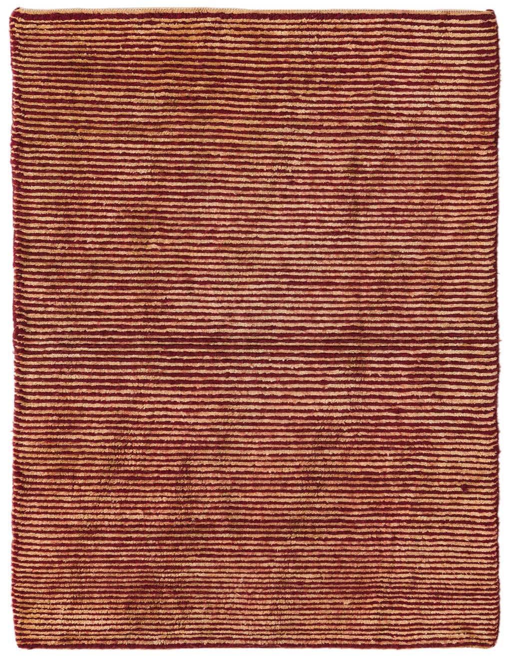 A 5 ft Nepal runner rug from Rugs.com, featuring a modern striped pattern in varying shades of red and natural tones, perfect for a hallway.