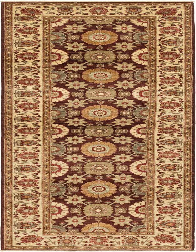 A long 11 ft runner rug featuring a rich red field with intricate gold, cream, and green botanical and floral patterns, bordered by a cream band with complementary motifs.