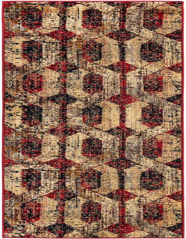A 7 ft runner rug with a distressed modern trellis pattern in shades of red, black, and beige, ideal for a hallway.