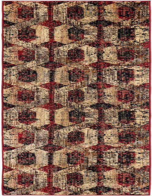 A 9 ft runner rug with a modern vintage trellis pattern in distressed reds, black, and beige, ideal for a hallway.