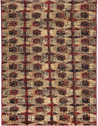 A 14 ft runner rug from the Rugs.com Saturn collection, featuring a distressed modern trellis pattern in reds, black, and beige, perfect for a hallway.
