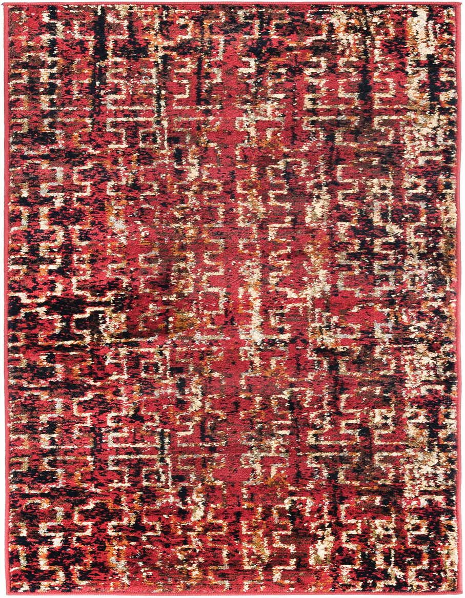 A 5 ft runner rug with a modern abstract pattern in shades of red, black, and beige, suitable for a hallway.