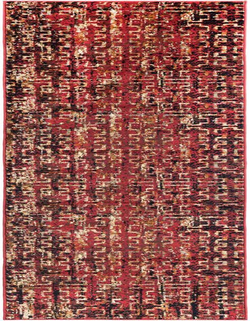 A 9 ft runner rug in shades of red, black, and cream with an abstract, distressed geometric pattern, ideal for a hallway.