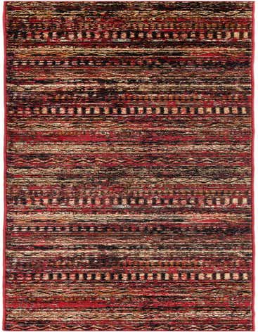 A 12 ft red runner rug with a tribal, rustic stripe pattern in shades of red, black, and beige, ideal for a hallway.