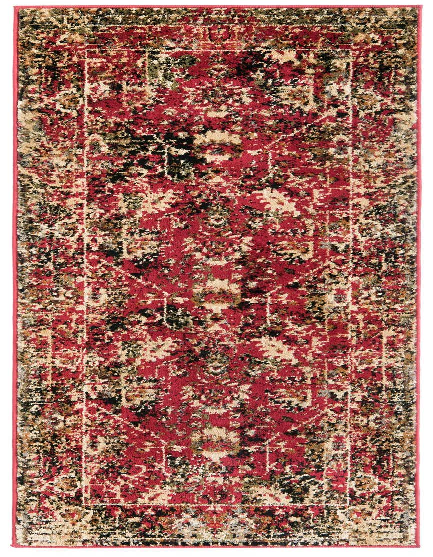 A 5 ft runner rug in a traditional, distressed red, black, and beige floral pattern, ideal for a hallway.