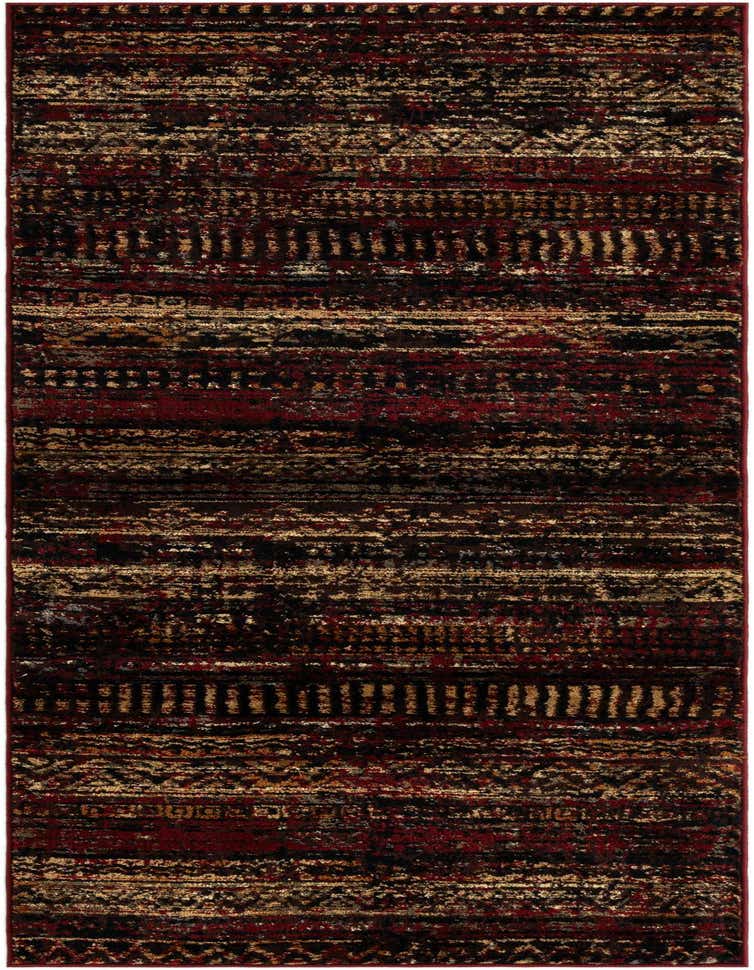 A 7 ft runner rug in shades of red, black, and gold with a distressed, abstract striped pattern, ideal for a hallway.