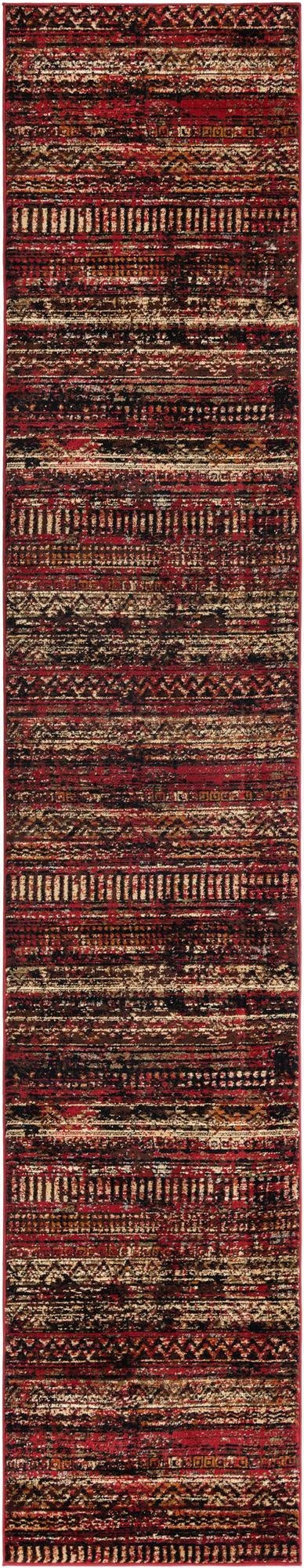 A 14 ft runner rug in a traditional, tribal stripe pattern with distressed reds, creams, and dark brown tones, ideal for a hallway.