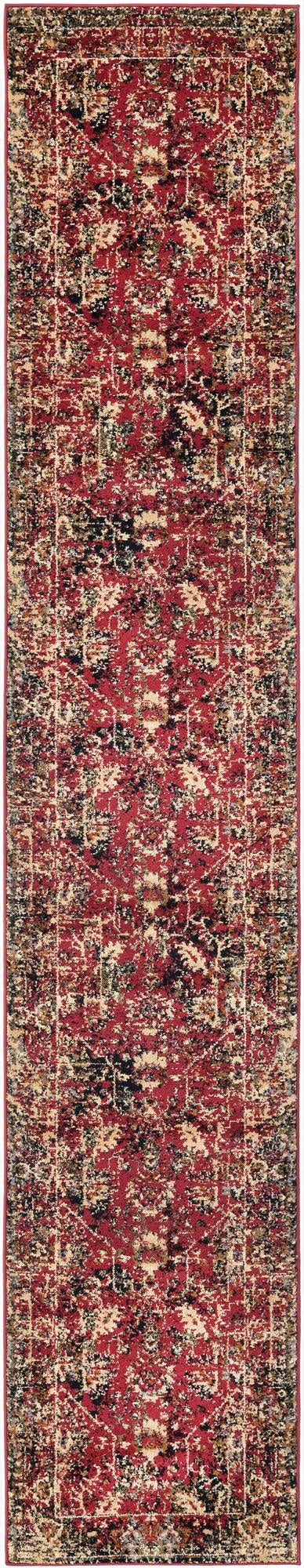 A 12 ft red runner rug with a distressed traditional floral pattern in black, cream, and brown, perfect for a hallway.