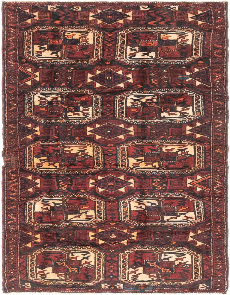 A 12 ft runner rug in traditional Persian style, featuring a rich red background with geometric tribal patterns and cream accents, ideal for a hallway.