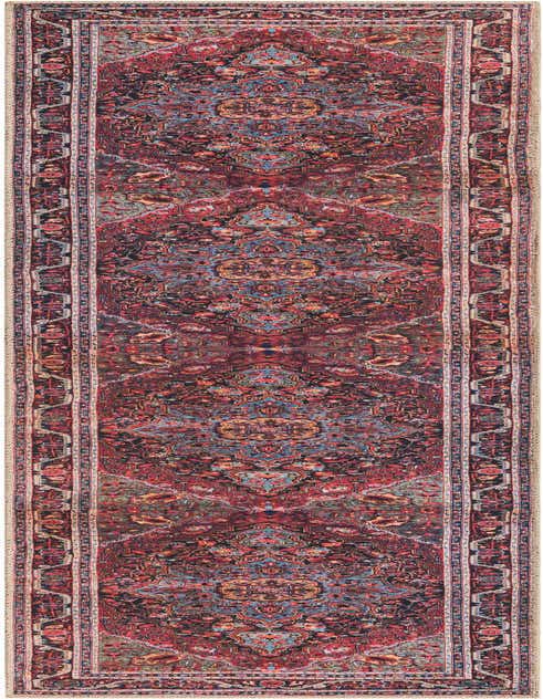 A long 8 ft runner rug with a rich red, blue, and black transitional oriental medallion pattern, ideal for a hallway.