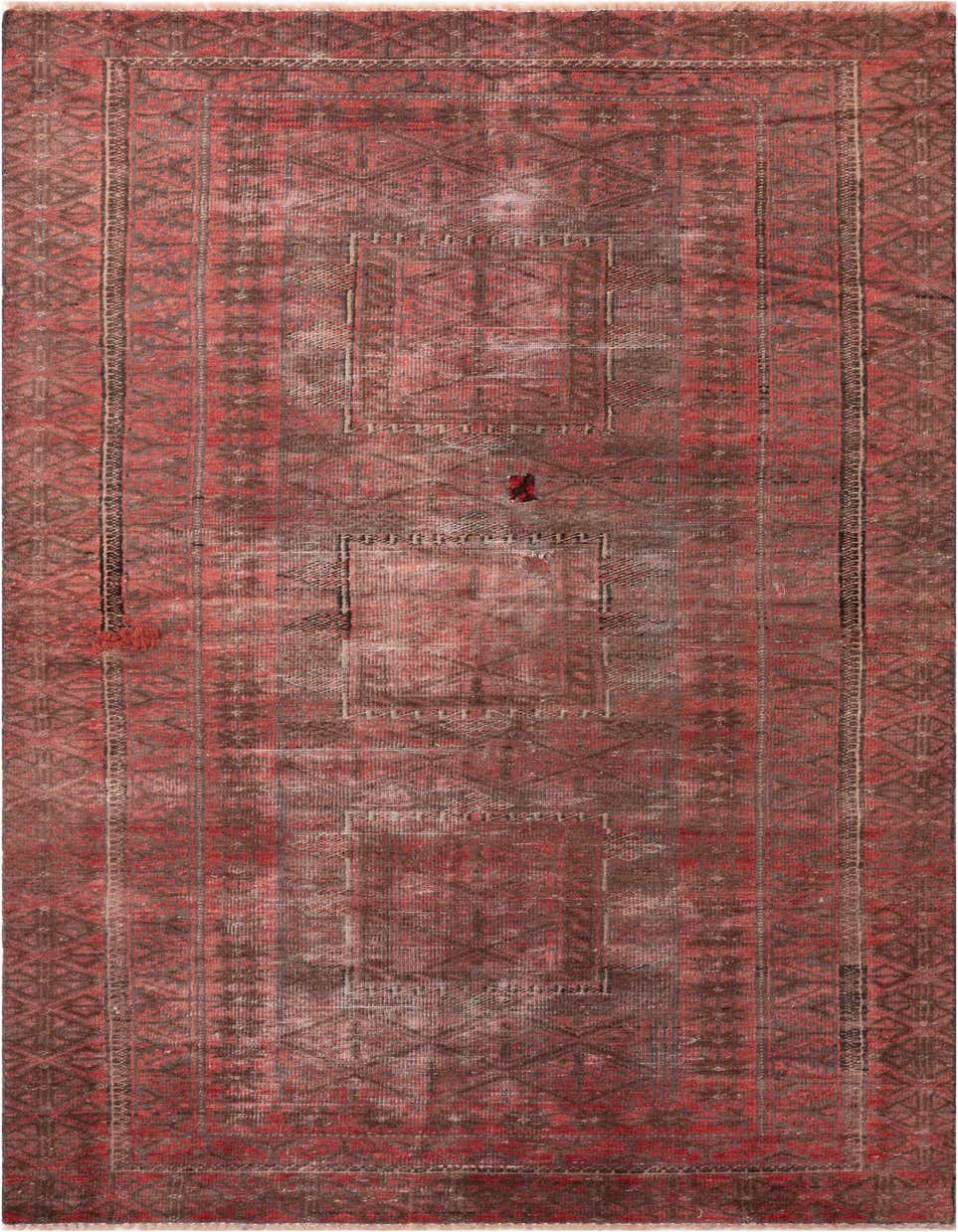 A 7 ft runner rug in shades of red and brown with a distressed Persian pattern, ideal for a hallway.
