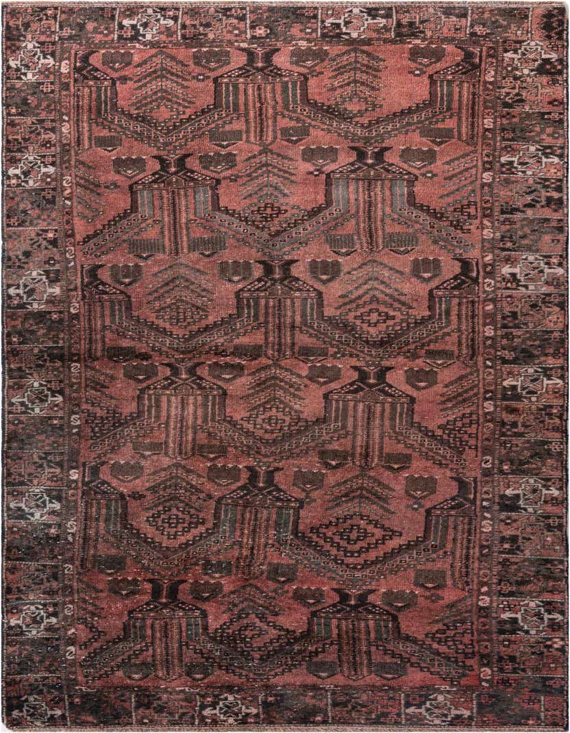 A 9 ft runner rug in shades of red and black with a distressed Persian geometric pattern, ideal for a hallway.