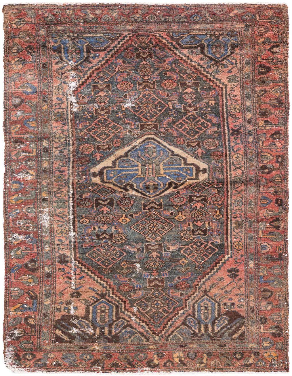 A distressed 6 ft runner rug featuring a central blue medallion on a dark field, framed by a red and brown Persian border.