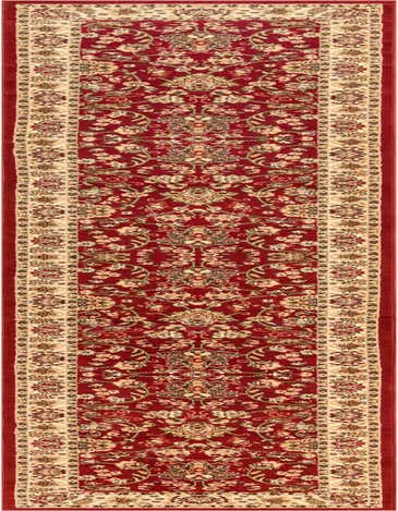 A long 16 ft traditional runner rug in deep red with an intricate cream and gold floral Oriental pattern, ideal for a hallway.