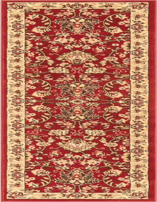 A long 8 ft runner rug in a traditional Oriental floral pattern with a deep red field and cream border.