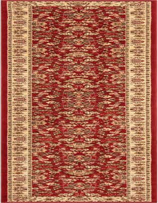 A 20 ft red traditional runner rug with an intricate oriental floral pattern and a cream border, perfect for a hallway.