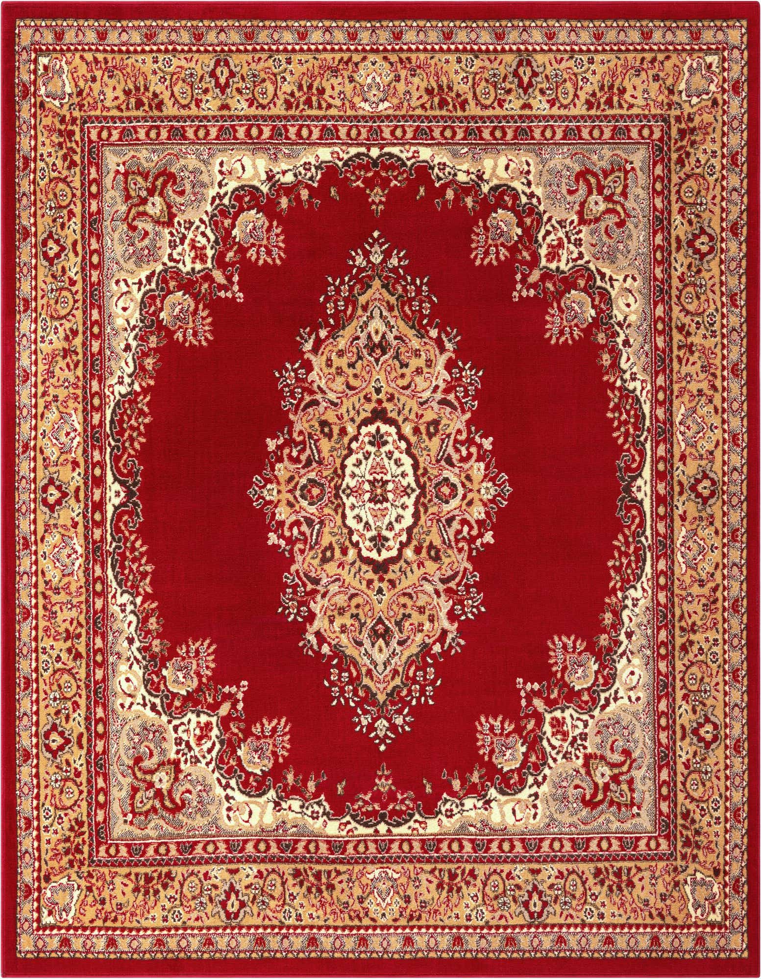 A 7' 10 x 7' 10 square red traditional rug with an ornate gold and cream medallion pattern and intricate border.