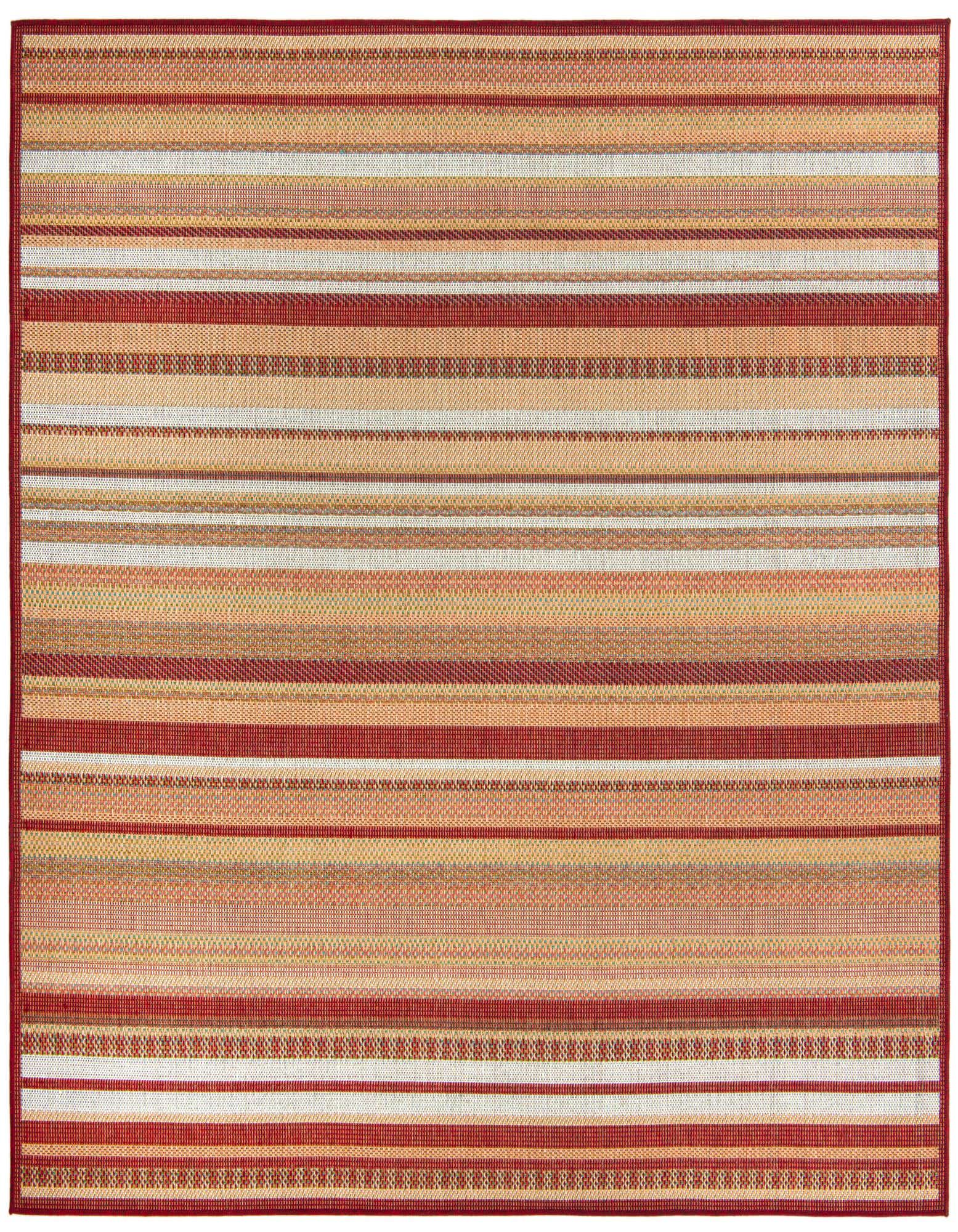 A 7' 10 x 7' 10 square Baja Outdoor rug featuring modern stripes in various shades of red, orange, and beige, suitable for a patio.