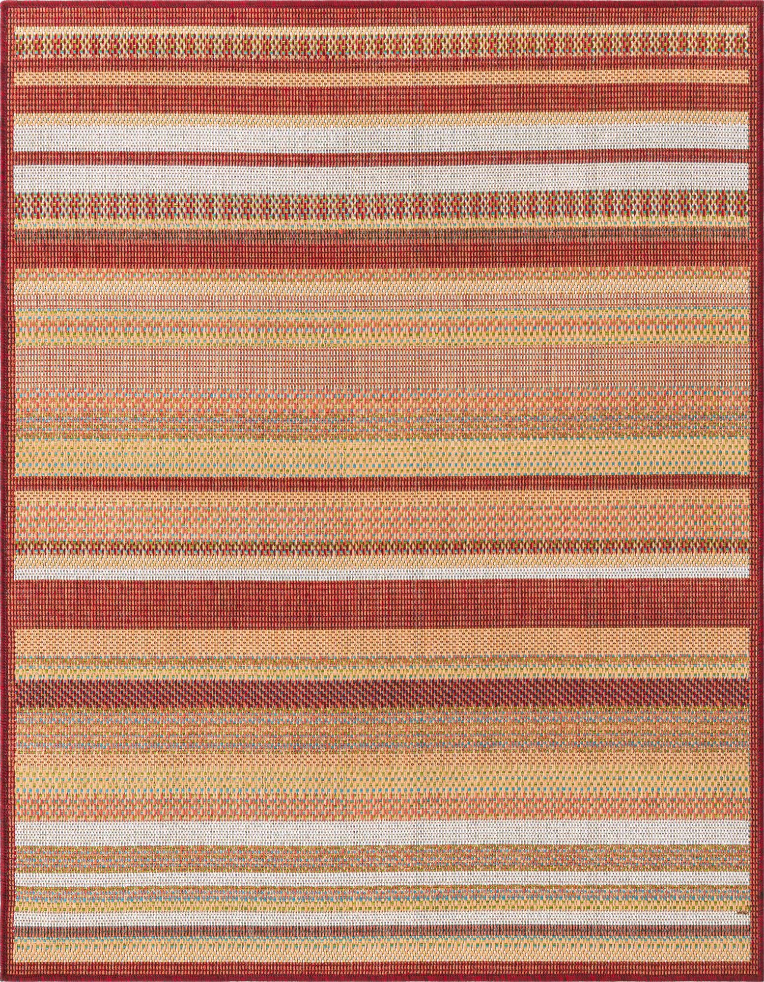 A square Baja Outdoor rug, 5'3" x 5'3", featuring modern red, orange, and beige stripes in a flatweave texture.