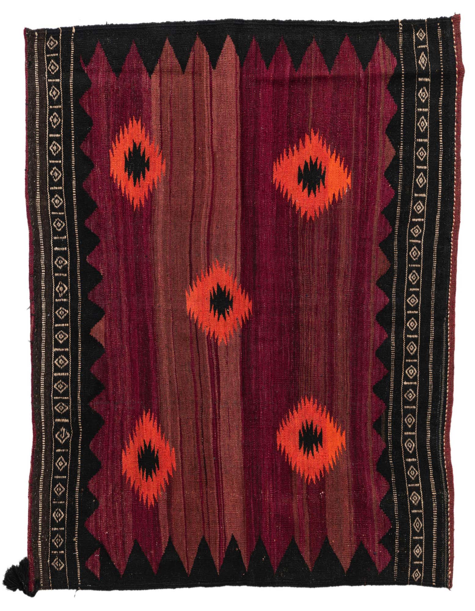 A 4' 4 x 4' 7 square Kilim Afghan rug featuring a red and maroon striped field with five orange and black tribal eye motifs, bordered by black triangles and a black and beige geometric pattern.
