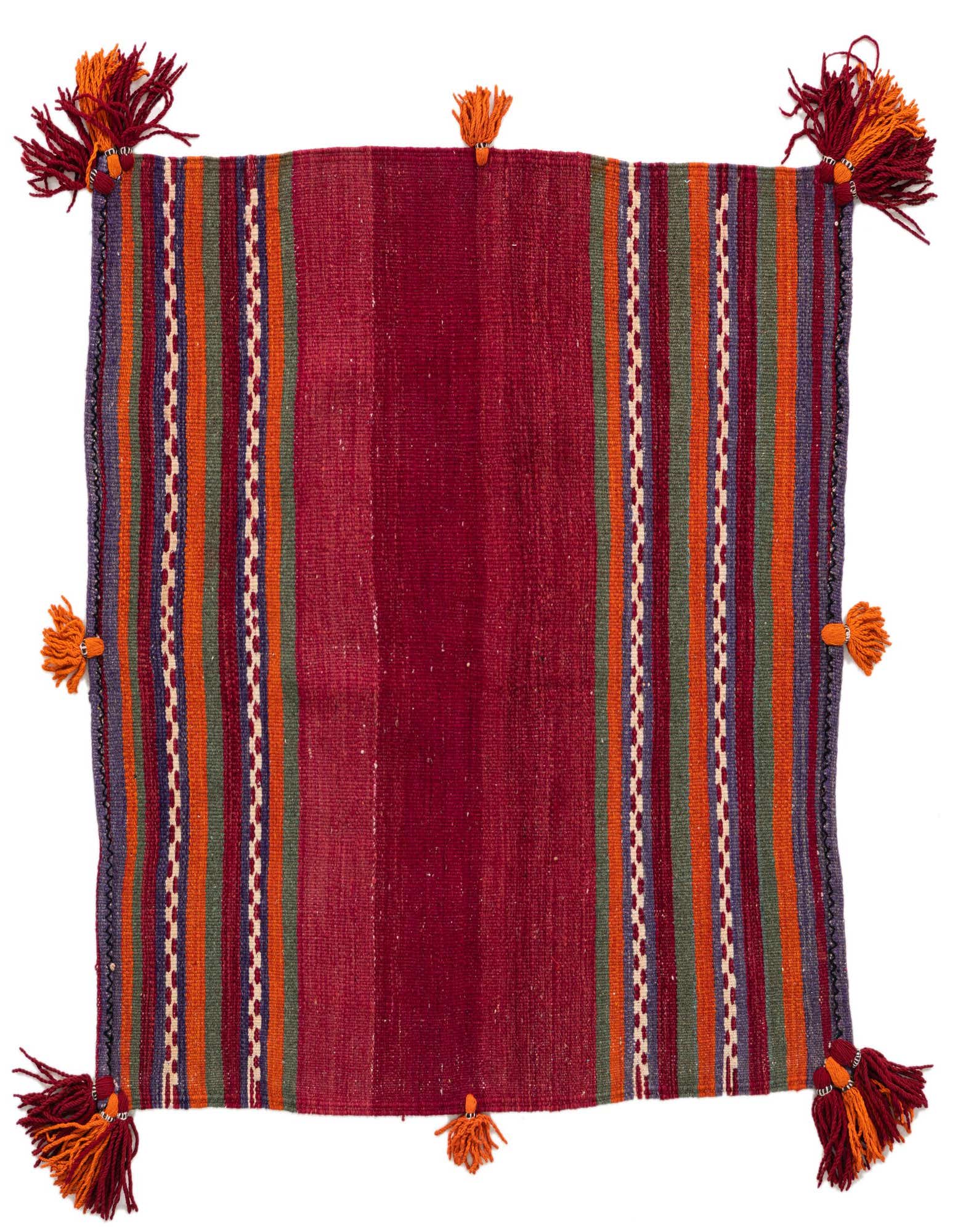 A square Kilim Afghan rug, 3' 7 x 3' 8, featuring a deep red center with vibrant striped borders in orange, green, and blue, adorned with red and orange tassels at the corners and sides.
