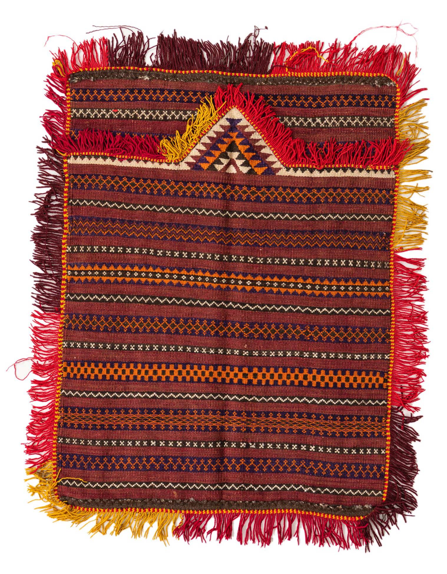 A 3' 1 x 4' 0 square red Persian Kilim Fars wool rug with tribal patterns and colorful fringe.