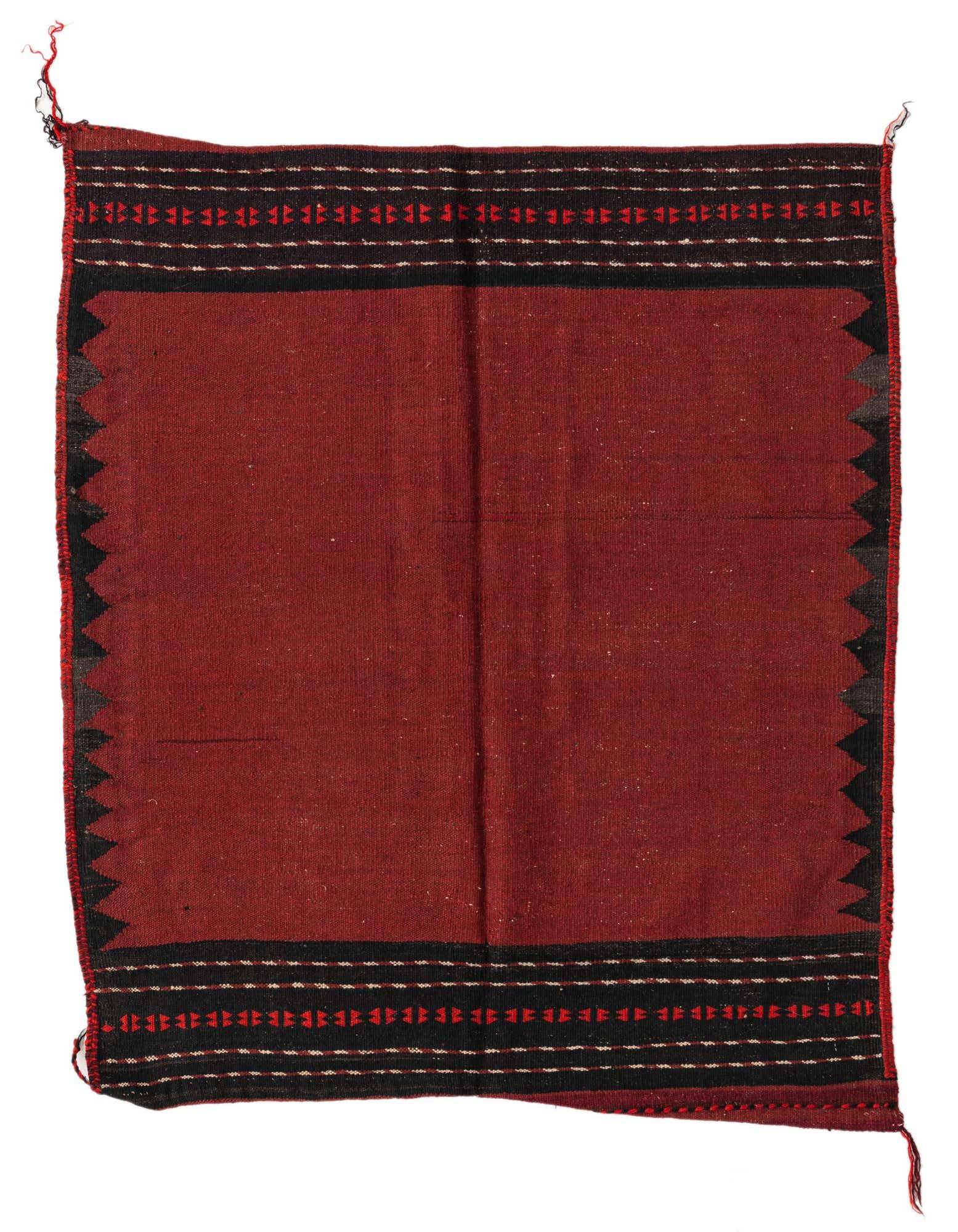 A 4'3 x 4'5 square red Kilim Fars flatweave wool rug with black tribal borders and small red and white accents.