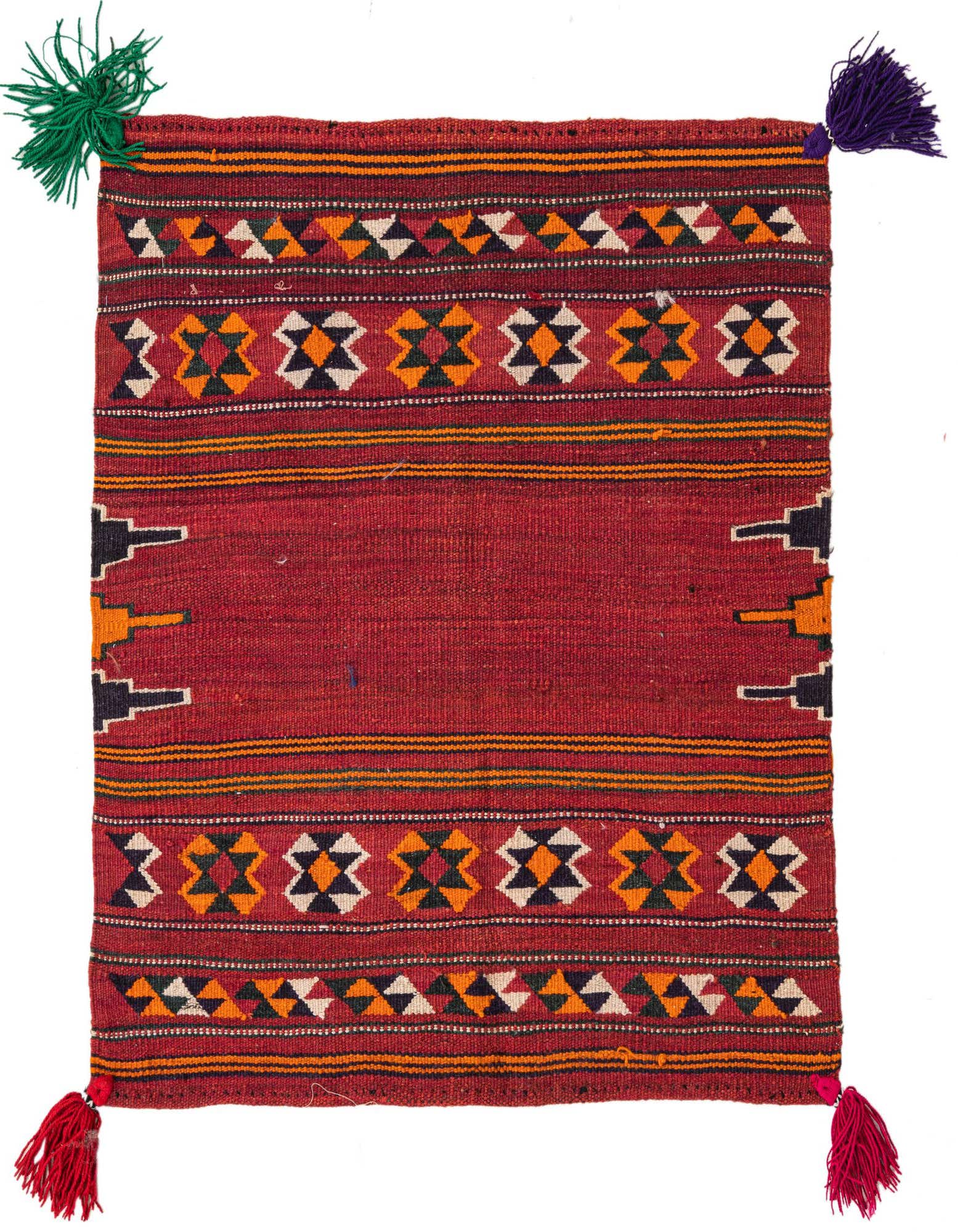 A square 3' 0 x 3' 7 red Kilim Fars rug with tribal patterns and colorful tassels.