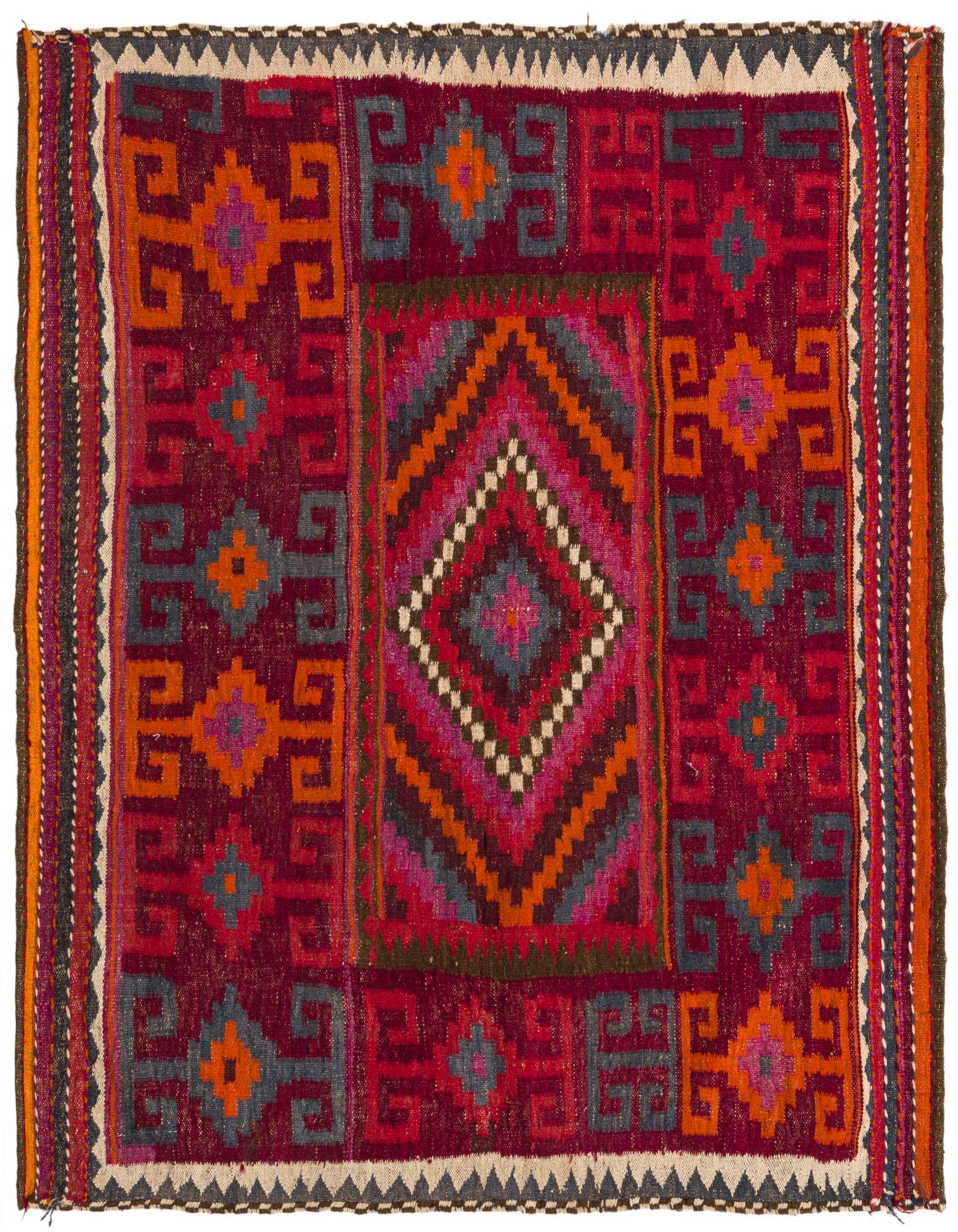 A square 4' x 4'3 red Kilim Fars wool rug with traditional Persian and tribal patterns in orange, blue, and pink.