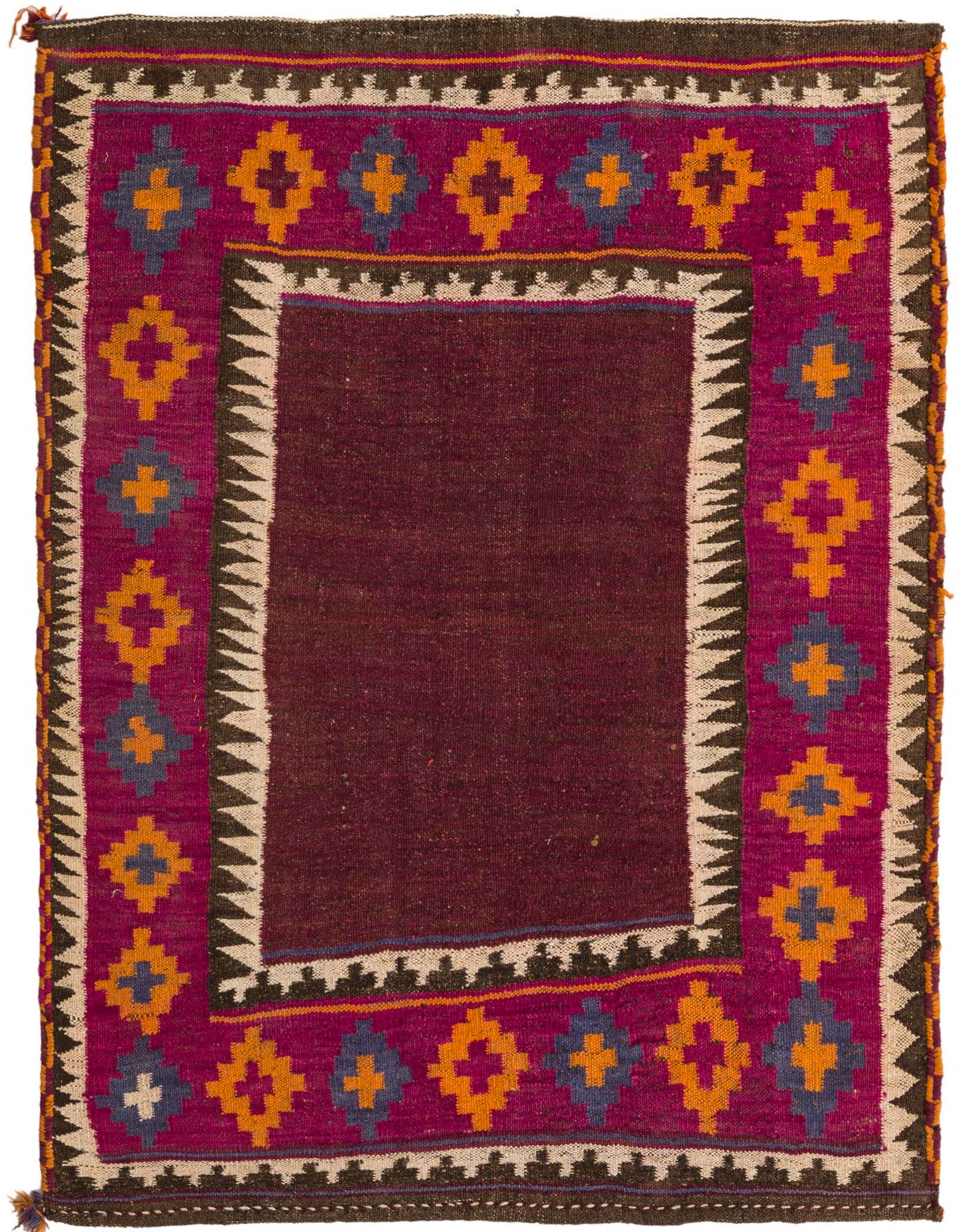 A 3' 8 x 4' 7 square Kilim Fars rug featuring a deep red center and a vibrant fuchsia border with orange and blue tribal patterns.