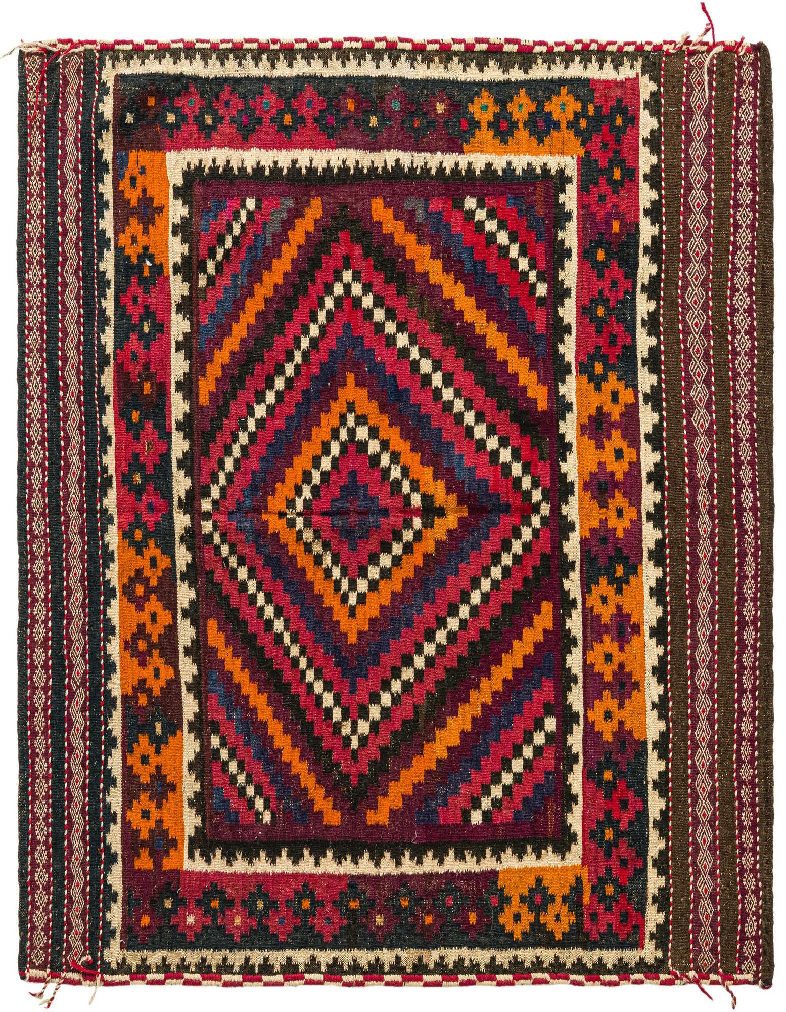 A 4' 5 x 4' 8 square Kilim Fars wool rug featuring a vibrant red, orange, blue, and black tribal medallion pattern.