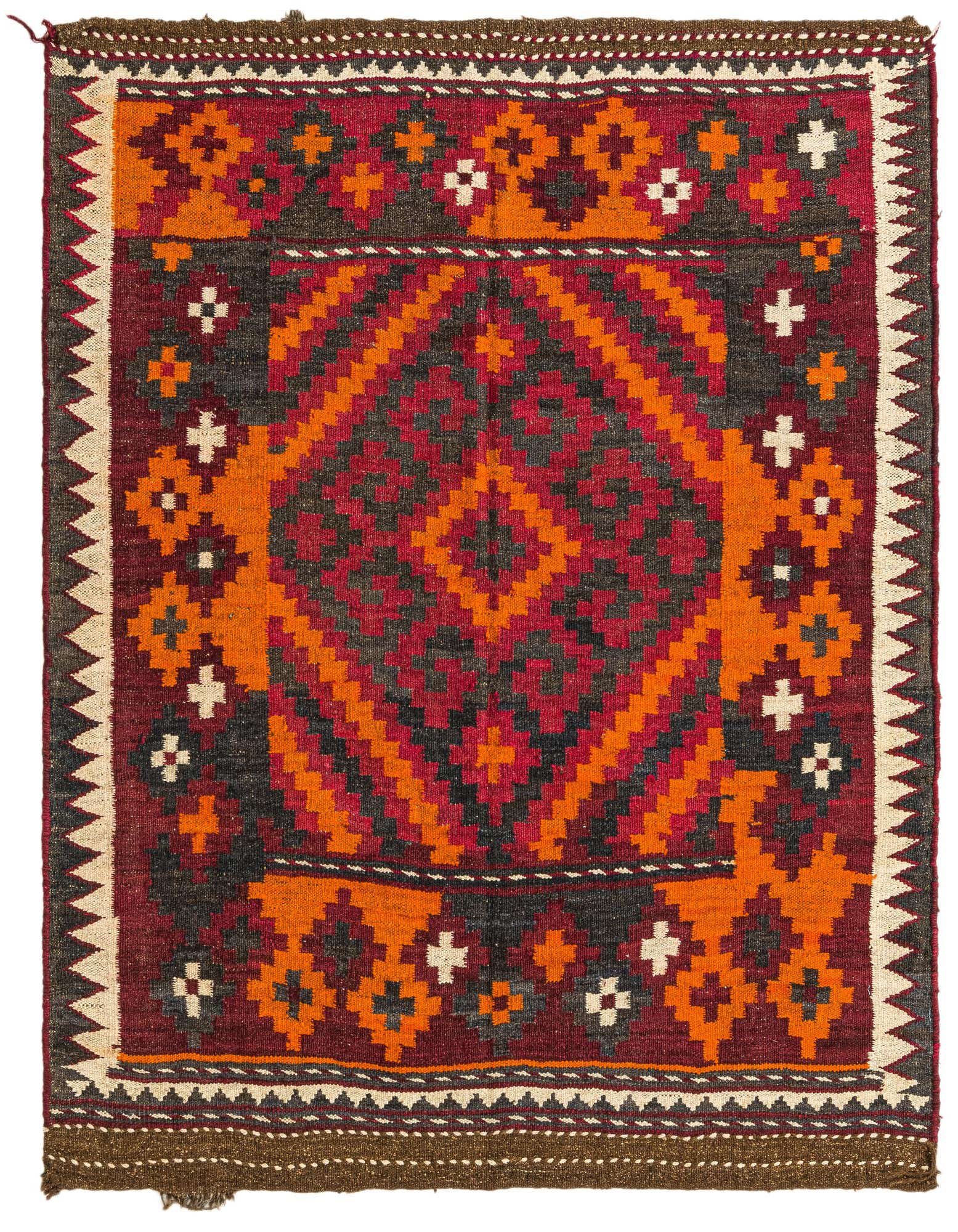A square 4' x 4'3 Kilim Maymana rug featuring a vibrant tribal medallion pattern in reds, oranges, and charcoal.