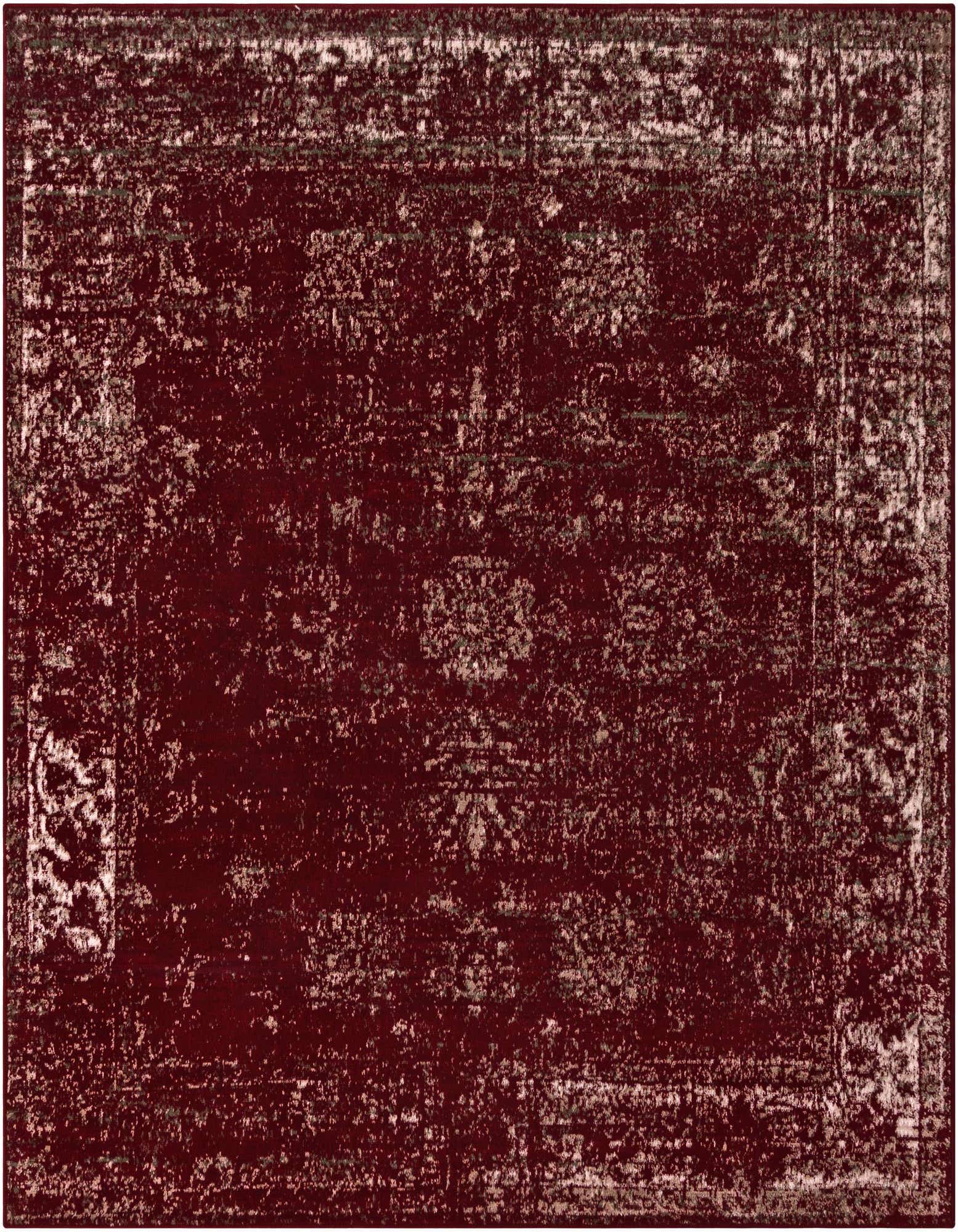 A 6' 0 x 6' 0 square red area rug featuring a distressed bohemian medallion pattern with subtle cream accents.