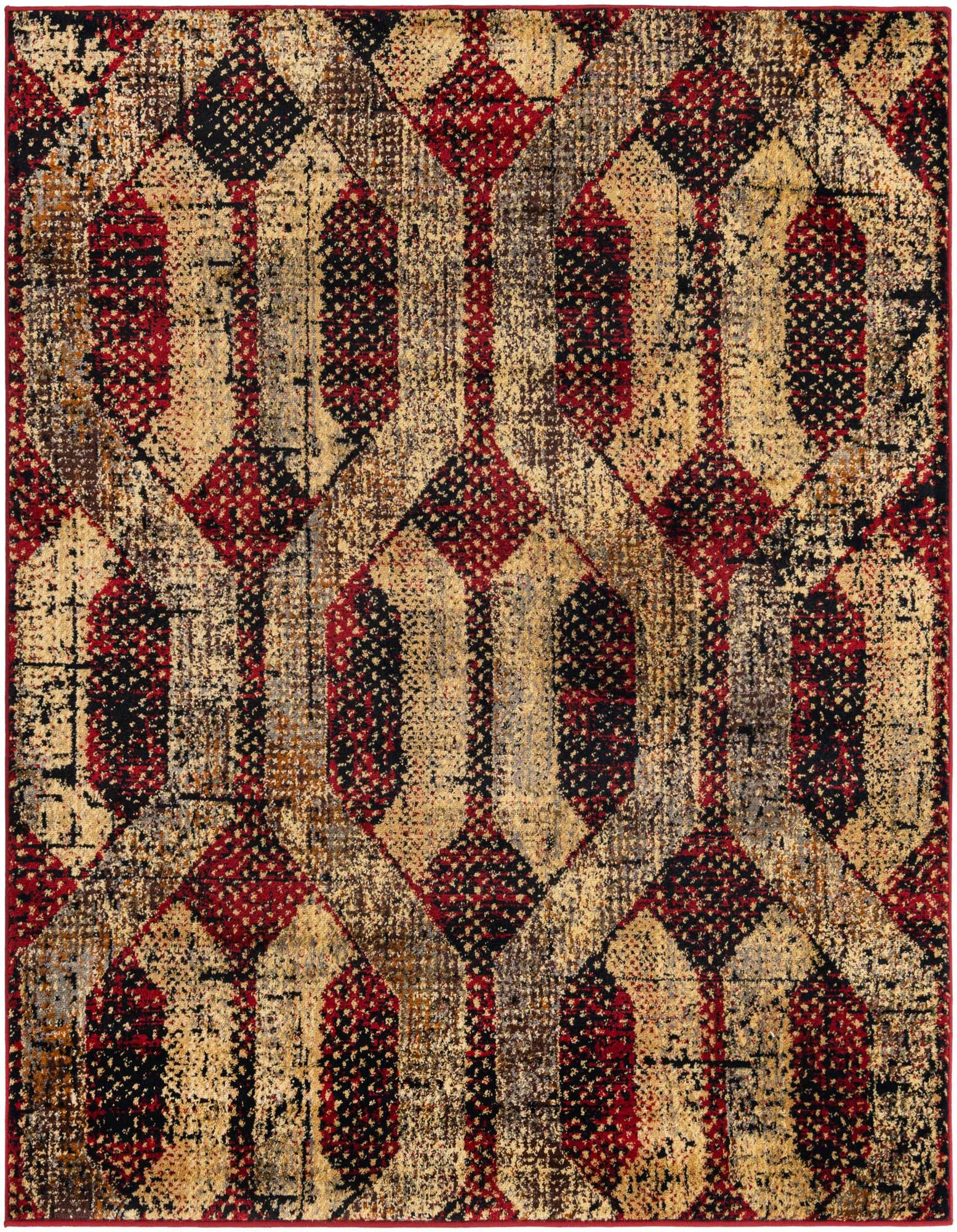 A 5' 3 x 5' 3 square modern vintage rug featuring a distressed trellis pattern in reds, black, and beige tones.