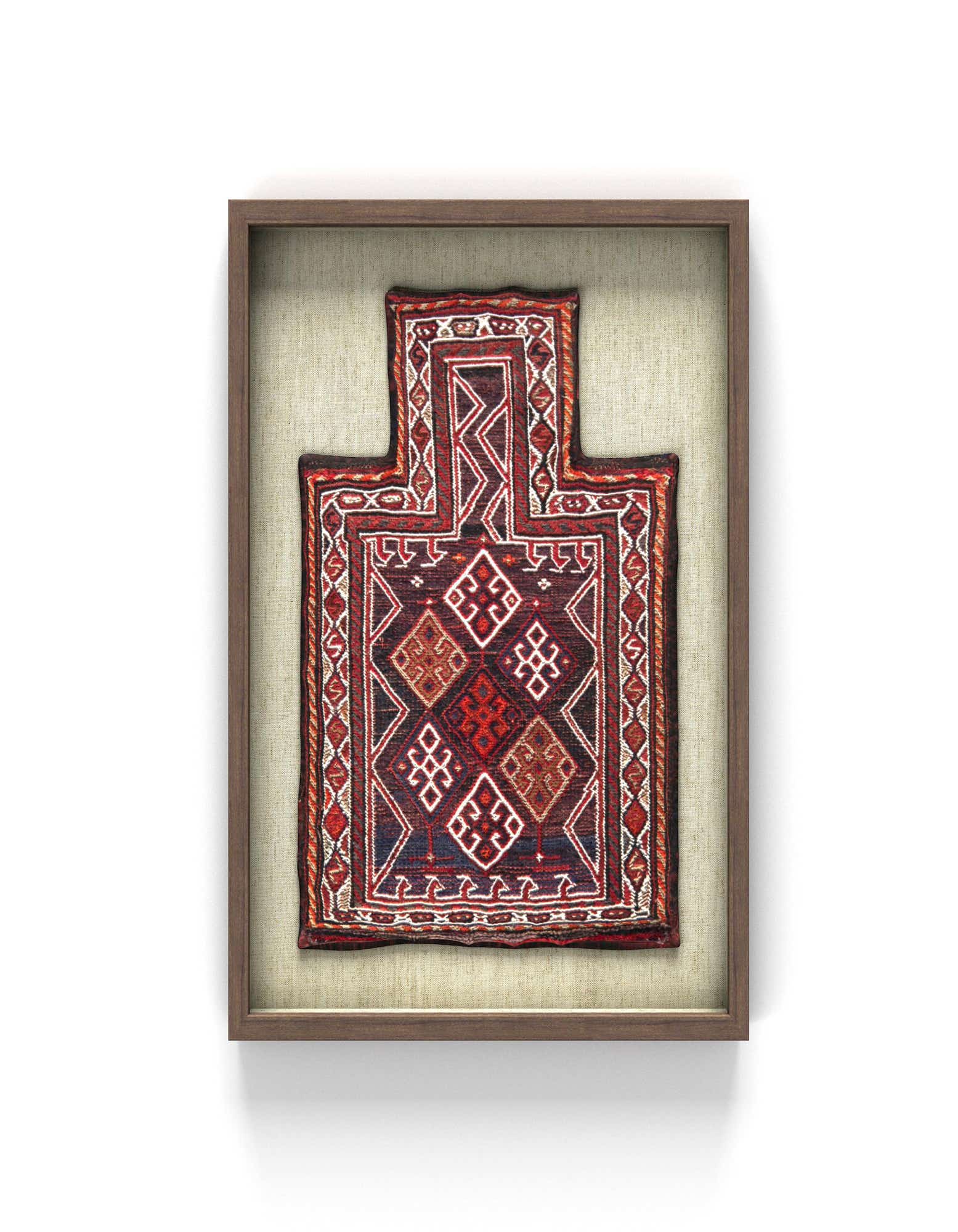 A framed 1' 5 x 1' 10 square Textile Wall Art piece featuring a traditional Oriental pattern in various shades of red, white, and dark blue.