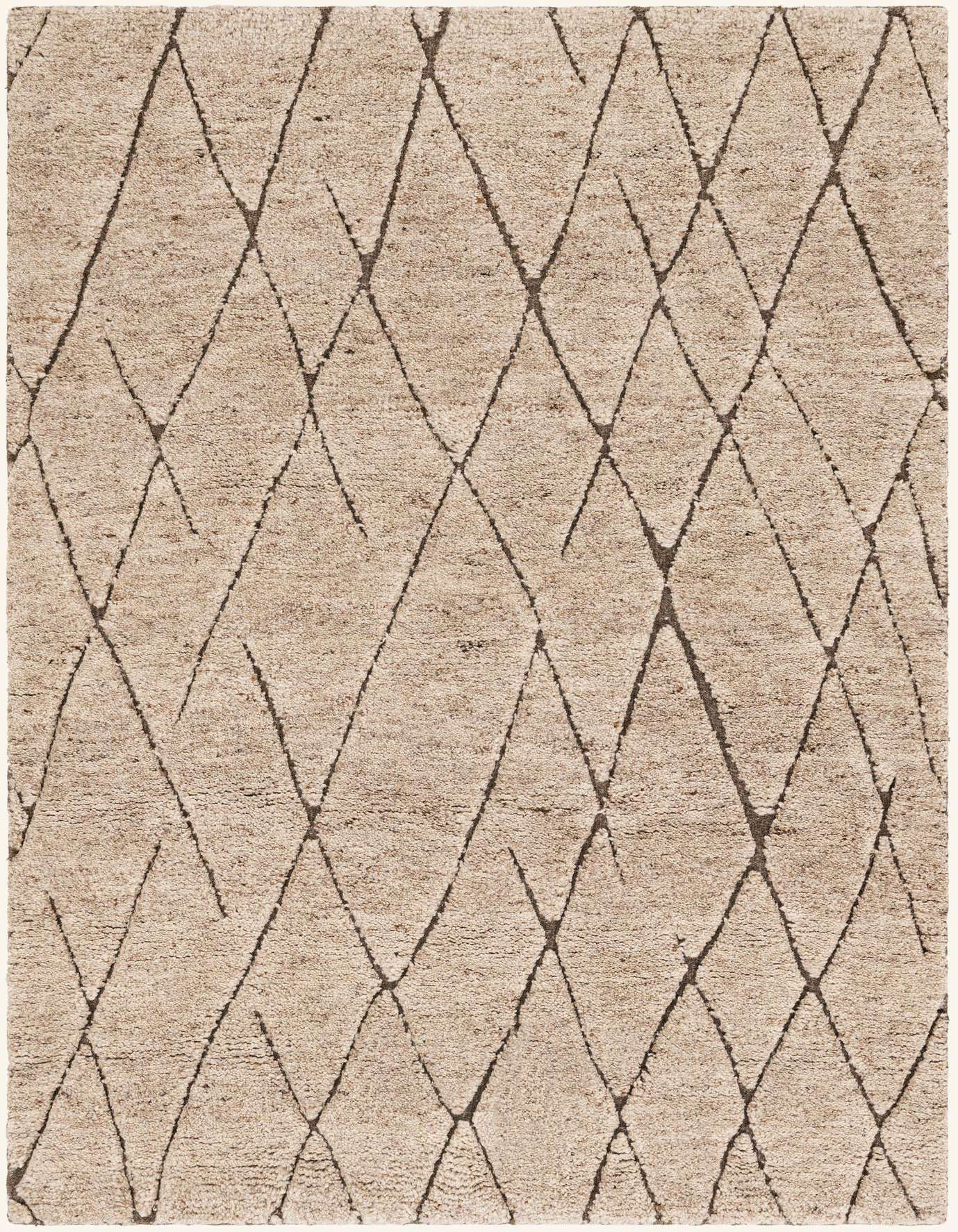 A 4x6 rectangular Atlas Moroccan Wool rug in shades of brown and tan, featuring a modern tribal diamond pattern.
