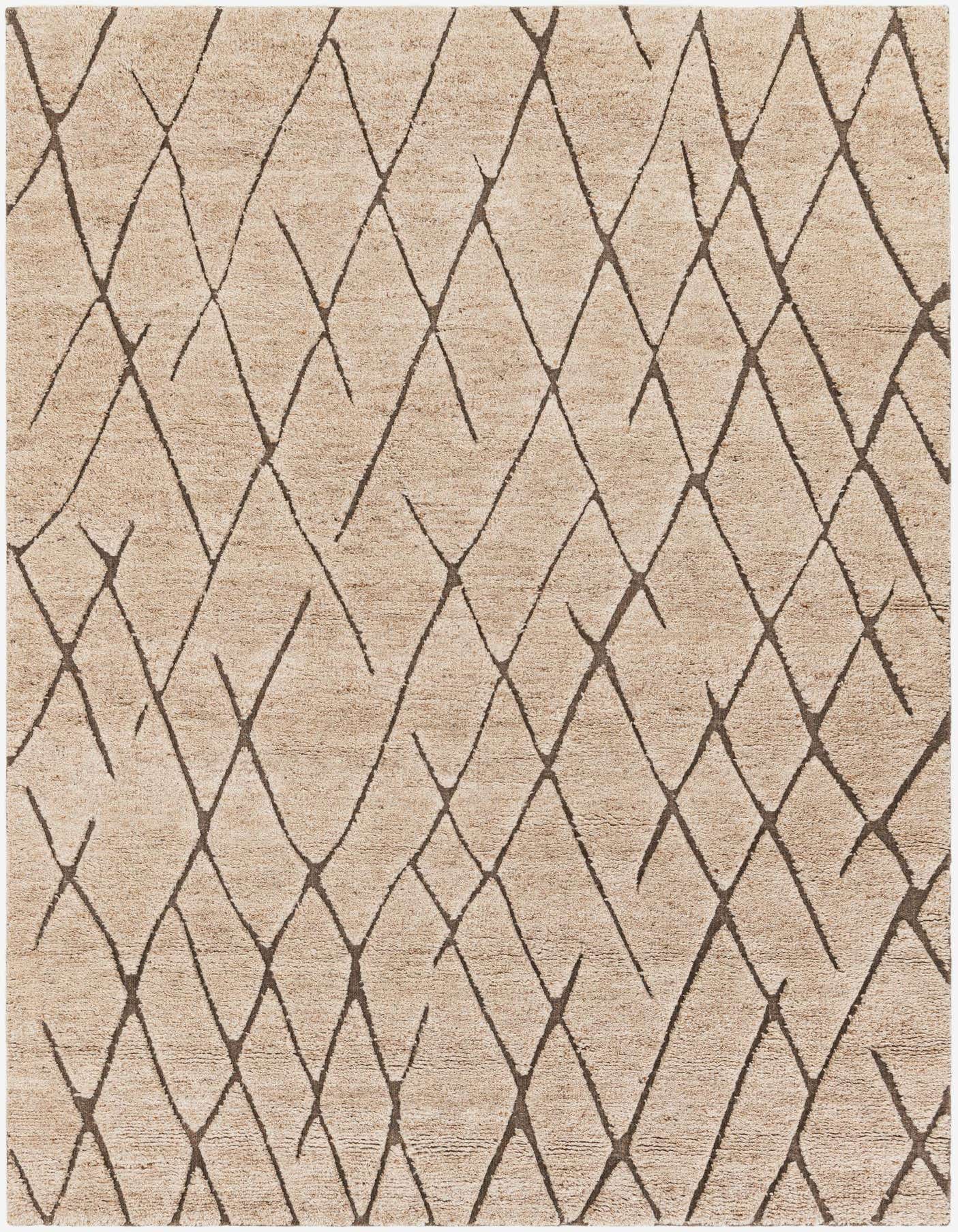 A 6x9 rectangular Atlas Moroccan Wool rug in shades of brown and tan, featuring a modern tribal diamond pattern.