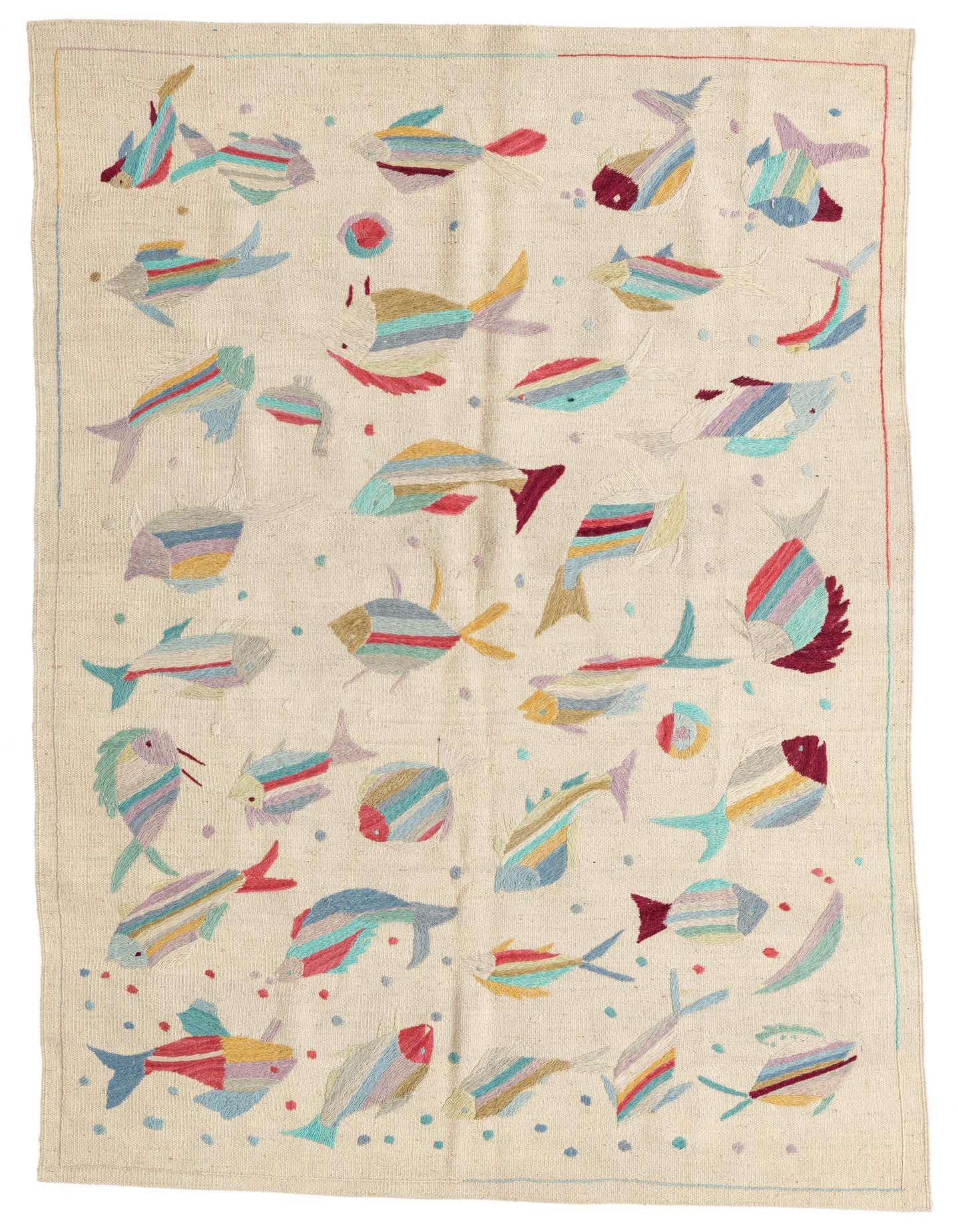 A 4x6 rectangular flatweave wool rug with a cream background and colorful tribal fish patterns in pinks, purples, and yellows.