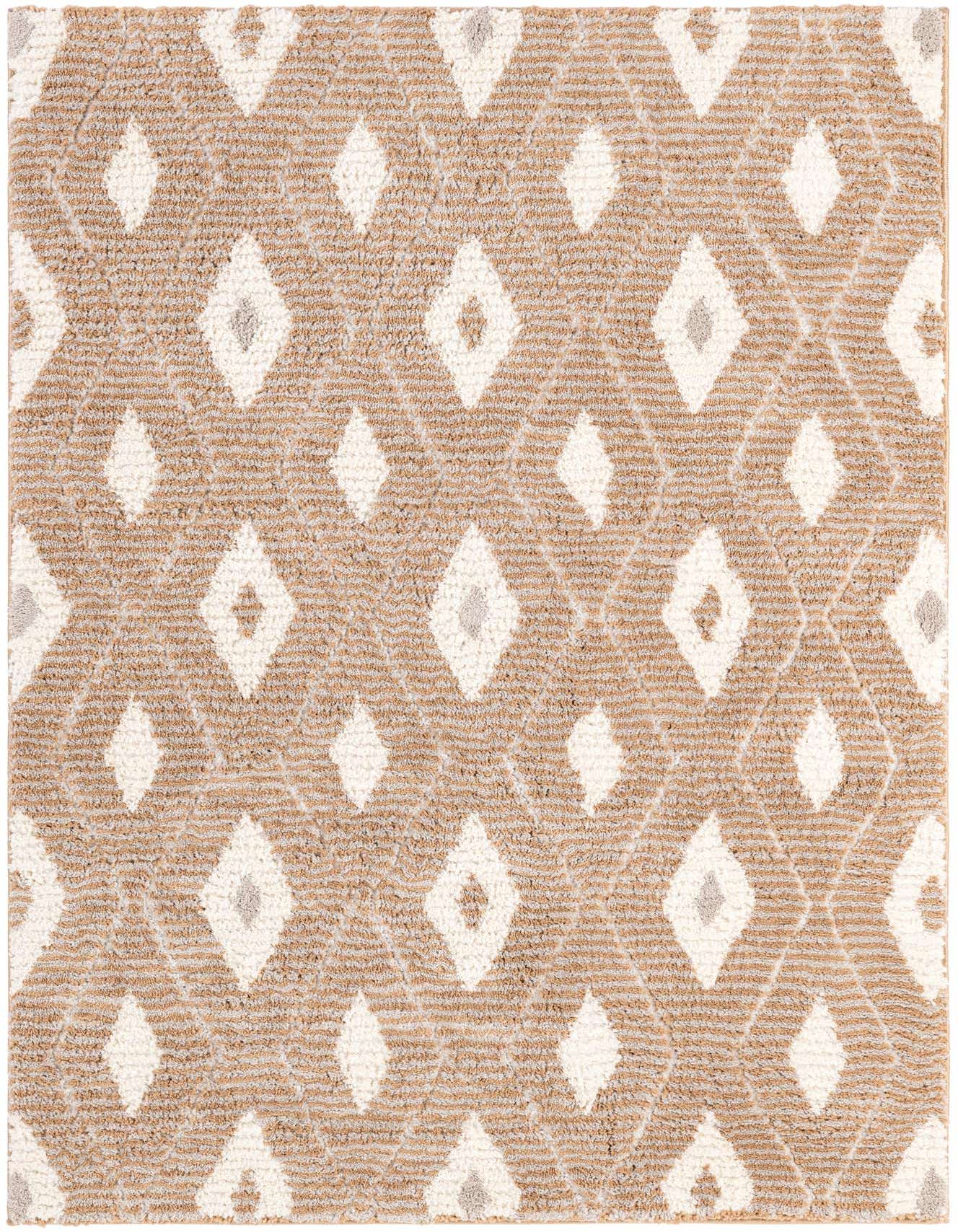 A 4x6 rectangular brown and ivory modern area rug with a textured diamond pattern, suitable for a living room.